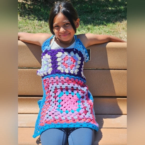 Hand Crafted crochet halter top split dress open back swim coverup multicolored - Picture 13 of 17